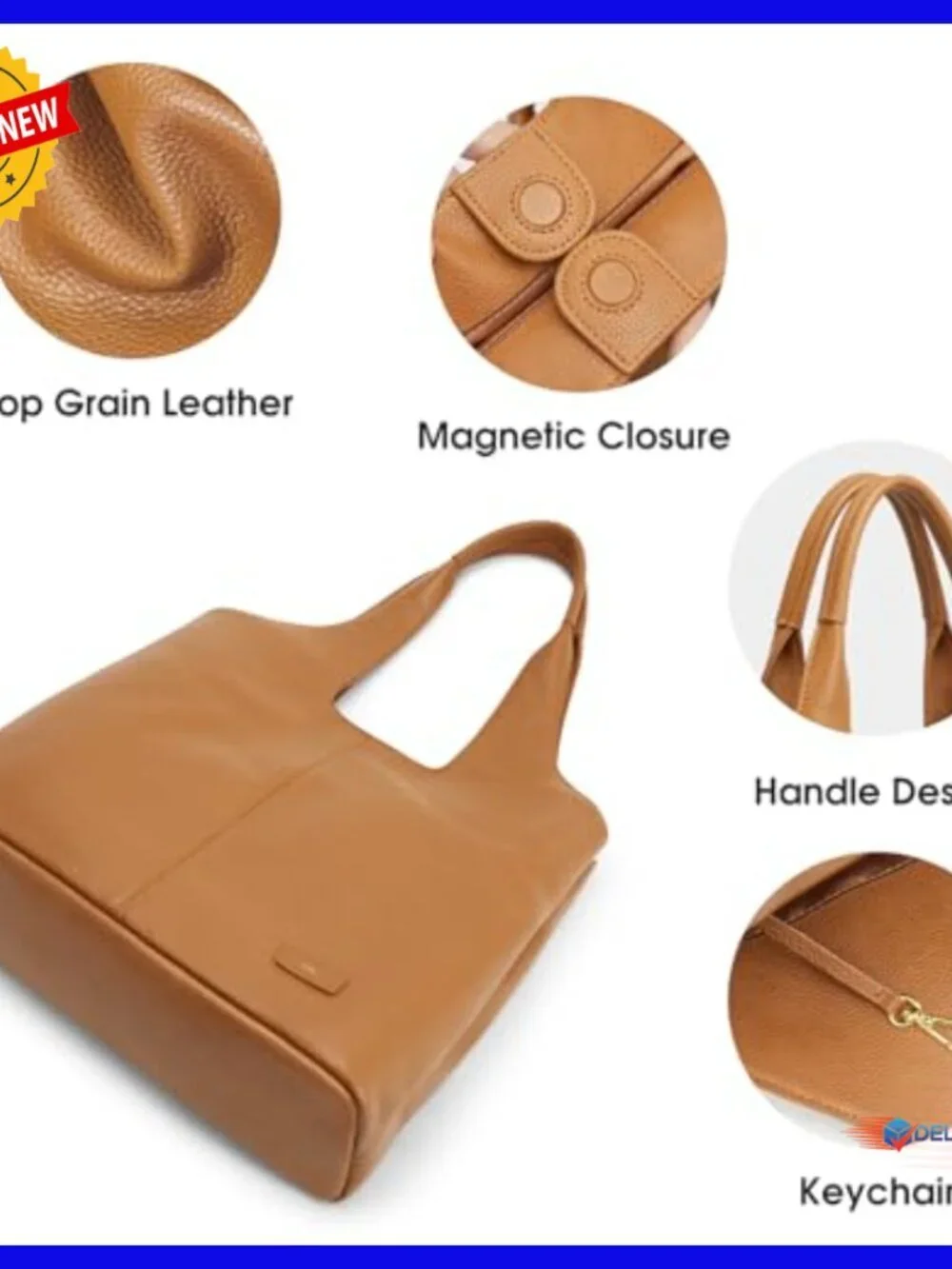 Large Leather Tote Bag with Laptop Compartment, Zipper Closure Hobo